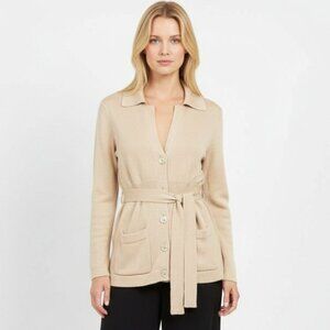 Ralph Lauren tan woven knit long sleeve button front belted cardigan, sweater L